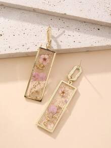 一对粉色花朵金箔干花树脂水滴耳环，精致永生花长方形耳环，小众设计耳环，适合学生、校园日常、春季郊游、朋友聚会、生日派对等场合，花美风/法式风/甜美少女风 - 粉色 - 查看 5