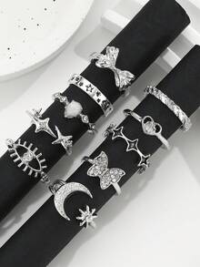 Bộ 10 chiếc nhẫn nữ kiểu retro hình ngôi sao, mặt trăng, nơ, mắt quỷ, phong cách punk cổ điển, có thể điều chỉnh độ mở và xếp chồng lên nhau, món đồ không thể thiếu cho các bữa tiệc mùa lễ hội. - Nhiều màu - Xem 2