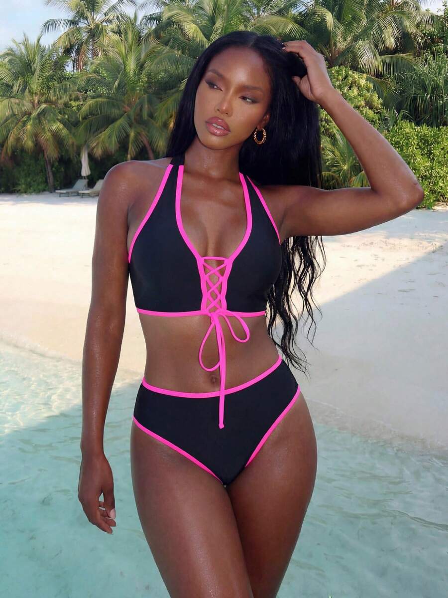 2pcs/Set Women's Hollow Out Criss-Cross Tie Front Sexy Fashionable Patchwork Bikini Swimwear, Suitable For Beach Holiday Vacation Summer