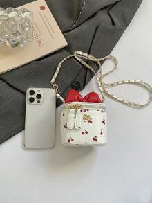 女童 2026 新款刺繡迷你櫻桃水桶包，可愛蝴蝶結鏈條斜挎包，紅色 - 白色 - 查看 2