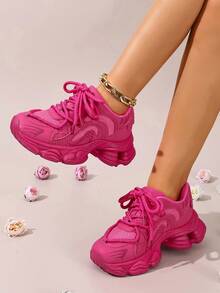 Women's Hot Pink Chunky Platform Dad Sneakers, Casual Sporty Height Increasing Shoes - Đỏ - Xem 11