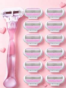 女士比基尼剃毛器，三层不锈钢刀片，可替换刀头，适用于私密部位、腋下和腿部，美容院和旅行必备用品 - 1手柄+12刀片 - 查看 12
