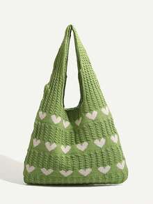 1pc Heart-Shaped Contrast Color Crocheted Tote Bag, Large Capacity Fashion Beach Bag, Versatile For Commuting, Mother's Day Gift, Suitable For Spring, Summer, Autumn And Winter Beach Trips. Available In Beige, Apricot, Blue, Green, Khaki And Other Colors, Made Of Polyester Fiber Material. - Green - View 7
