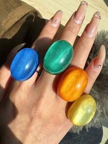 4pcs Colorful Glitter Resin Oval Rings Set, Exaggerated Dopamine Design Jewelry For Women, Suitable For Daily Wear, Festivals And Party Gifts - Multicolor - View 8