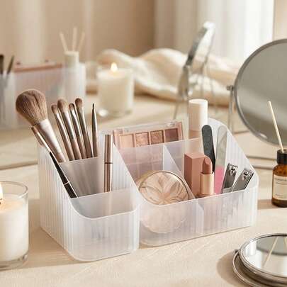 1 hộp đựng mỹ phẩm trong suốt kẻ sọc dọc, hộp đựng đồ trang điểm và chăm sóc da để bàn, dùng cho son môi, bông phấn, phù hợp đựng mỹ phẩm, sản phẩm chăm sóc da, sử dụng tại nhà và ký túc xá.