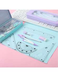 1 Set Of Geometry Tools, Including 45° Triangle, 60° Triangle, Protractor, Compass, Eraser, Refill, Ruler, Student Math Drawing Kit, Suitable For School Learning And Exams - Multicolor - View 9