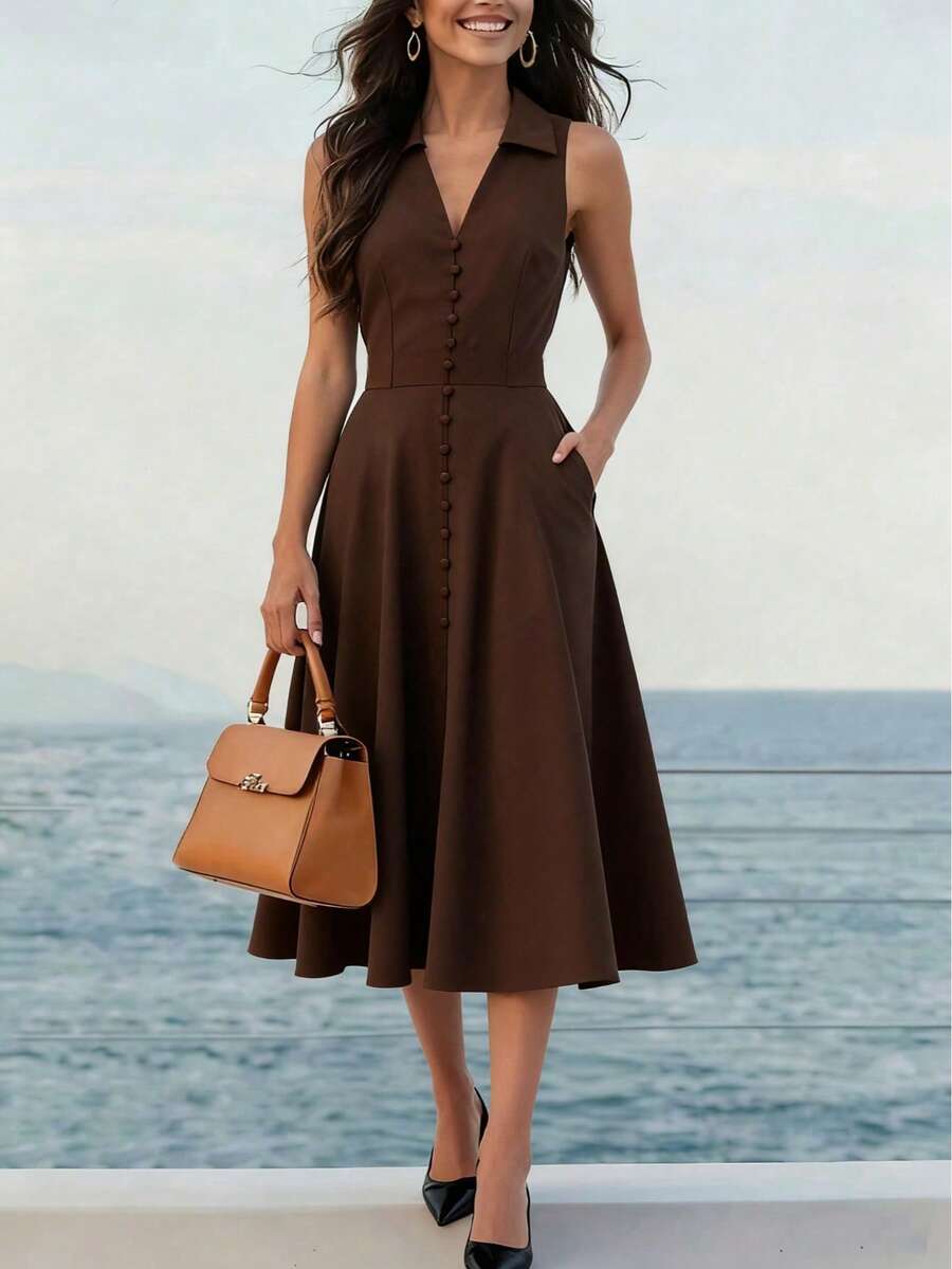 女士春夏法式优雅连衣裙，简约时尚，复古风格，职业办公装，无袖V领修身A字连衣裙，单排扣侧袋，中长裙 - 棕色 - 查看 1
