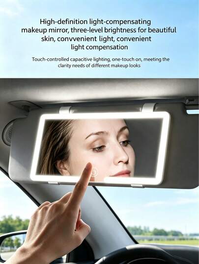 1个600mAh可充电LED车载遮阳板化妆镜，高清触控，三档亮度可调，USB快充，超薄夹式镜带补光灯，适用于轿车、SUV、卡车、通勤、旅行、露营，时尚美妆工具，送给女性、女孩的生日、情人节、母亲节、圣诞节、新年礼物