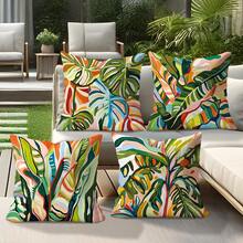 4pcs Tropical Green Plant Oil Painting Style Pillow Covers, Macaron Color Blocking Home Decor Cushion Covers, Polyester Fabric Single-Sided Printed, Machine Washable, Suitable For Bedroom, Living Room, Sofa, Bed, 45*45cm - Multicolor - View 3