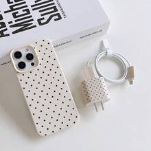 Set 5-in-1: Casing Ponsel dengan Motif Polkadot Hitam Cetak UV + Penutup Kepala Charger + Pelindung Kabel + Tali Penyimpanan + Tali Penggulung Kabel Data, Casing Ponsel Pelindung Anti Guncangan TPU - Putih Antik - View 3