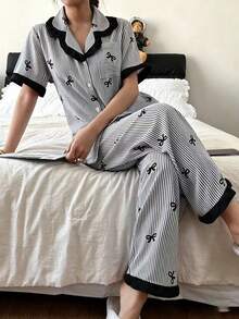 Dreamivo 2 Peças Conjunto de Pijama Feminino, Conjunto de Pijama com Estampa Listrada Preta, Babado, Manga Curta e Calça Longa, Pijama Confortável com Abertura Frontal e Lapela - Top de Manga Curta Macio com Botões e Calça Longa com Cintura Elástica, Roupa de Descanso Casual - Preto - Visão 5
