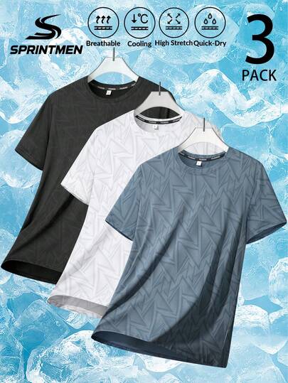 3件装男士几何图案速干T恤，透气圆领短袖，柔软吸湿，适合夏季健身、跑步、户外活动