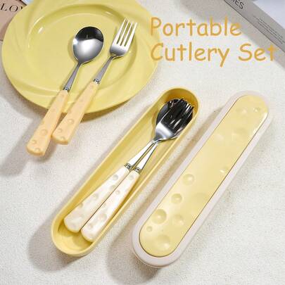 3pcs/Set Stainless Steel Reusable Portable Cutlery Set With Storage Box, Cheese Handle Fork And Spoon, Cute Compact Utensil Set Perfect For Travel, School, Office, Picnic, Home, Party, Camping, Hiking, Wedding And Dishwasher