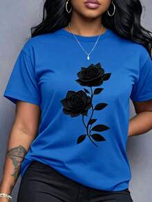 Spring Clothes Women's Clothing, Ladies Plus Size T-Shirt Black Rose Print - Casual Short Sleeve Round Neck Top, Medium Stretch Fabric, All-Season Com - 藍色 - 查看 7