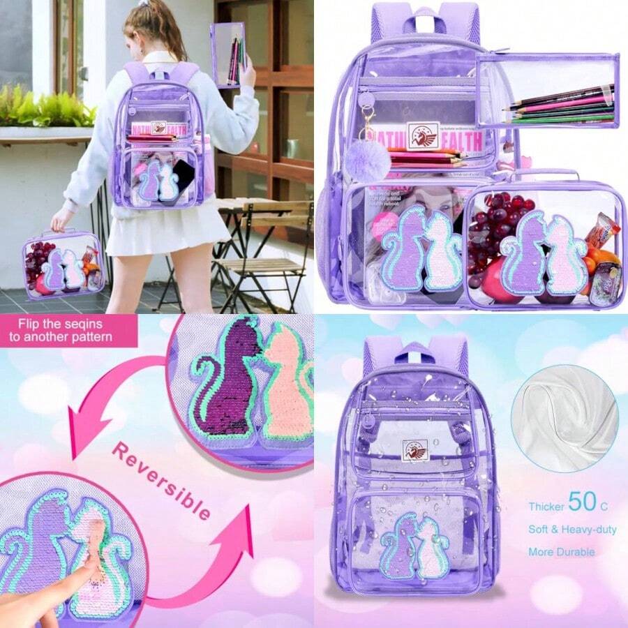 Mochila transparente mochila transparente resistente mochilas transparentes para mujeres y hombres - Conjunto de 3 piezas con lentejuelas transparentes moradas 2cat - Ver 1