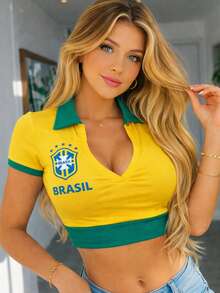 Cropped Top With Collar, World Cup Brazil Design, In Supplex Fabric With Padding. - Vàng và Xanh lá - Xem 1