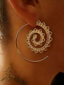 Bohemian Style Spiral Mandala Hoop Earrings, Vintage Silver Plated Earrings, Hollow Round Thin Carved Earrings, Suitable For Women To Wear - Silver - View 9
