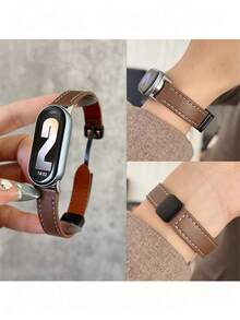 Compatible With Xiaomi Mi Band 10 Strap, Compact And Exquisite, Adopting Creative Elegant Minimalist Asymmetrical Breathable Design, Suitable For Xiaomi Mi Band 9/8 Models, Equipped With Quick Release Folding Magnetic Clasp, Dual-Color Leather Wristband, Unisex Smart Watch Band - Rust Brown - View 2