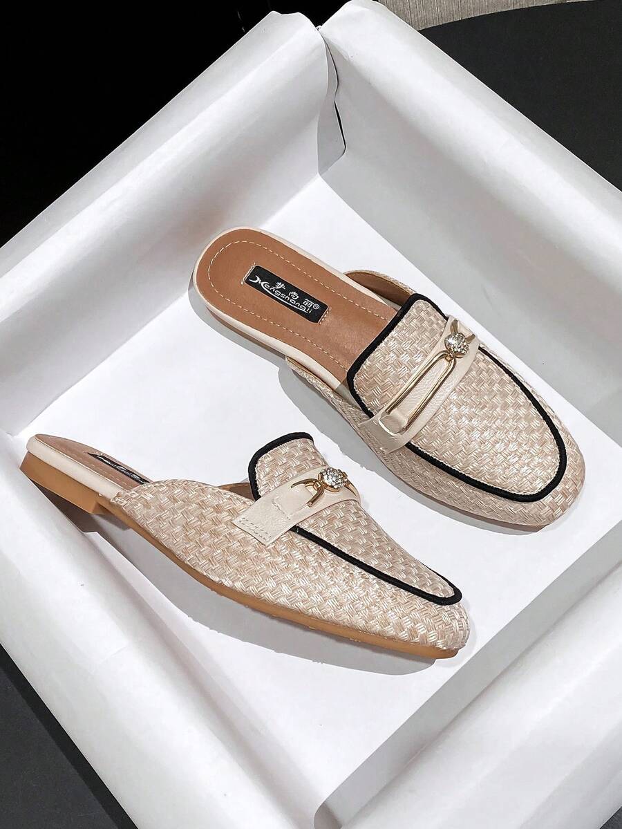 Mengshangli Mocasines sin respaldo de estilo preppy a cuadros para mujeres, con decoración de metal y rhinestone retro, zapatos planos tipo slip-on para oficina, vacaciones y fiestas en primavera/verano - Caqui - Ver 1