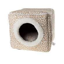 Cat Pet Bed Cave Indoor Enclosed Covered Cavern/House for Cats Kittens and Small Pets with Removable Cushion Pad - marrn tostado Tan Animal Print - Ver 8