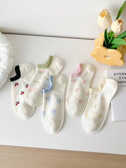 5 đôi/1 đôi tất cổ thấp thời trang họa tiết nơ và hoa nhí, tất ngắn kiểu Nhật dễ thương, tối giản, đa năng, thoải mái và mềm mại, phù hợp cho sinh hoạt hàng ngày, thể thao, ở nhà, đi làm, dự tiệc, làm quà tặng, mọi mùa.