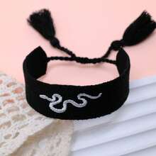 1pc Embroidered Snake Vintage Minimalist Creative Handmade Braided Bracelet, Bohemian Style For Beach, Party, Travel - Black - View 7