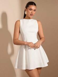Vestido elegante de unicolor con cintura ajustada, sin mangas y con corte evasé para salir por la noche, otoño - Blanco - Ver 4
