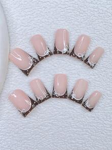 10pcs Y2K Nails Chic Duckbill Press On Nails Set - Handcrafted, Pink Nails, Brown Nails, Brown French Tip Nails, Hand Drawn White Polka Dot And White Bow Design, Cute Nails, Delicate Graceful Nails - Perfect For Parties & Casual Attire - Multicolor - View 11
