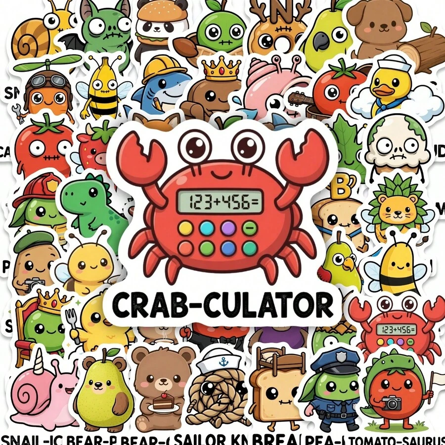 50pcs Funny Cartoon Animal Stickers, Unique Creative Food And Fruit Doodle Stickers - 50 Fun Pun-based Cartoon Animal Stickers - View 1