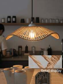 Pantalla de lámpara tejida a mano, pantalla de lámpara con volantes de estilo rústico bohemio adecuada para la decoración del techo de la sala de estar, el comedor y el dormitorio, pantalla de lámpara de ratán artesanal retro (bombilla no incluida), diseño de embalaje minimalista, artesanía - Multicolor - Ver 2