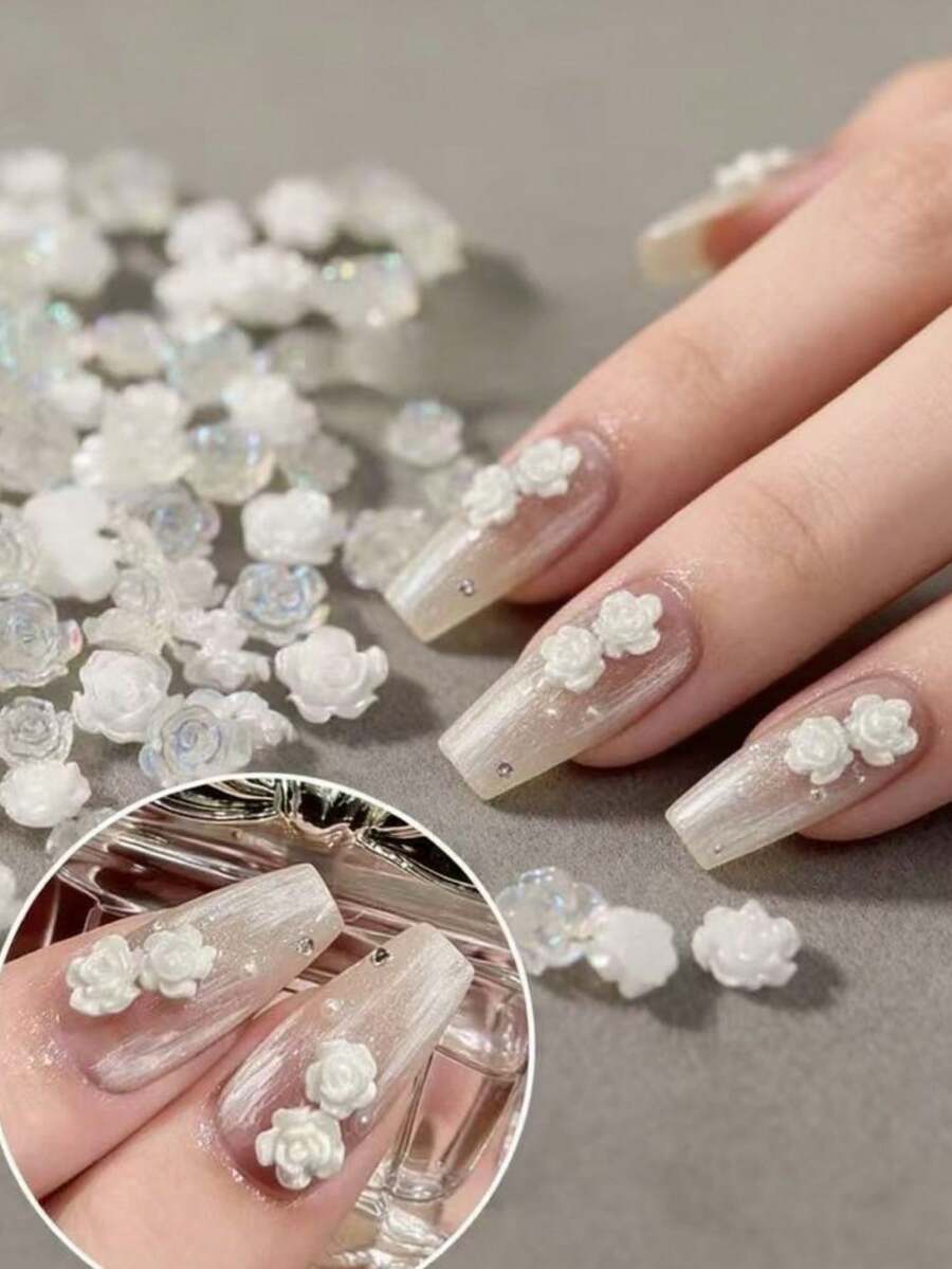 20pcs Camellia Nail Art Decorations, Resin Rhinestone 3D Rose Flower Nail Accessories, Nail Parts, Nail Supplies, Y2K - Multicolor - View 1