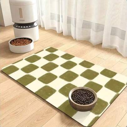 1 tấm lót ăn cho thú cưng màu xanh ô liu, họa tiết bàn cờ, thảm thấm hút nước cho bát ăn của chó/mèo, thảm trải cửa kiểu bàn cờ hiện đại, dùng trong nhà bếp, nhiều kích cỡ.