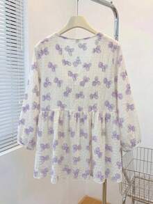 YUXIN 女款浪漫花卉印花V領燈籠袖上衣，柔軟面料，多色可選，寬鬆版型，適合夏季休閒/度假穿著 - 淡紫色 - 查看 6