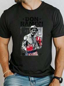 Camisetas para Hombre, Camisetas para Hombres, Ropa de Hombre, Camisetas para Hombres, Ropa, Imagen de Camiseta Don Ramón Boxer 180G Blanca y Negra, Patrón de Impresión Retro de Boxeo, Impresión de Alta Calidad, Cuello Redondo, Ajuste Holgado Básico, para Hombres y Mujeres, Transpirable, Versátil, Lavable a Máquina, Cómoda, Talla S ~ 3XL, Diario, Casual, Deportiva, Esencial para el Verano. playera de hombretops sudaderas para mujerLoose, casual and versatile top T-shirt - Negro - Ver 2