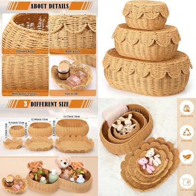 Cinnvoice Set of 3 Scalloped Baskets with Lids Hand Woven 9.8/13/14.2 Inch Scalloped Wicker Storage Basket Nursery Room for Bread Picnic Table Bathroom Home Decoration