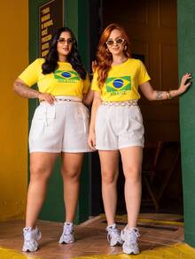 Brazil T-Shirt, Women's T-Shirt, World Cup, Green And Yellow Flag, 2026 , Sizes P To G3 Plus, 100% Cotton Fabric - 套件 02 黃/藍 - 查看 3