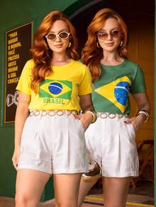 Brazil T-Shirt, Women's T-Shirt, World Cup, Green And Yellow Flag, 2026 , Sizes P To G3 Plus, 100% Cotton Fabric - 套件 02 黃/綠色 - 查看 4