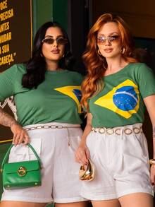 Brazil T-Shirt, Women's T-Shirt, World Cup, Green And Yellow Flag, 2026 , Sizes P To G3 Plus, 100% Cotton Fabric - 套件 02 綠/藍 - 查看 3