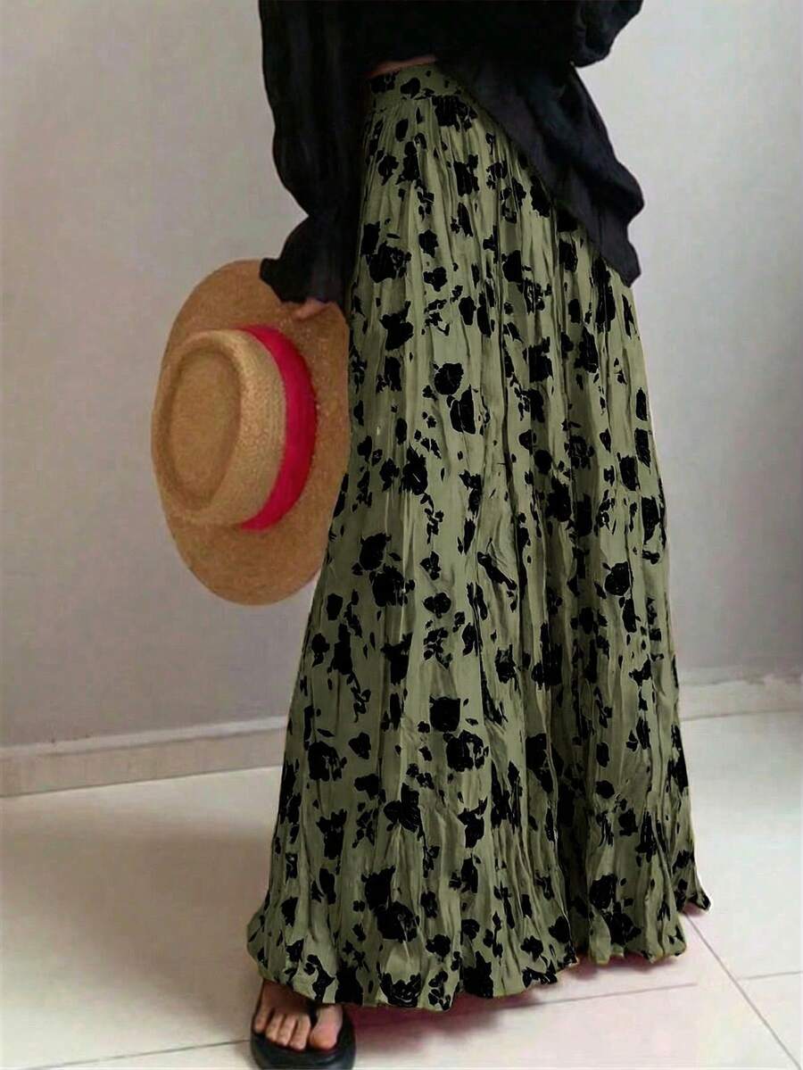 EARO 女士优雅时尚百搭玫瑰粉色独特度假半身裙 - 綠底黑 - 查看 1