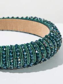 1 peça de tiara de cabelo coreana elegante, de cor sólida, feita à mão com miçangas e cristais; acessório de cabelo brilhante de alta qualidade, elegante e versátil, com coroa alta e esponja. - FG582-Verde - Ver 4