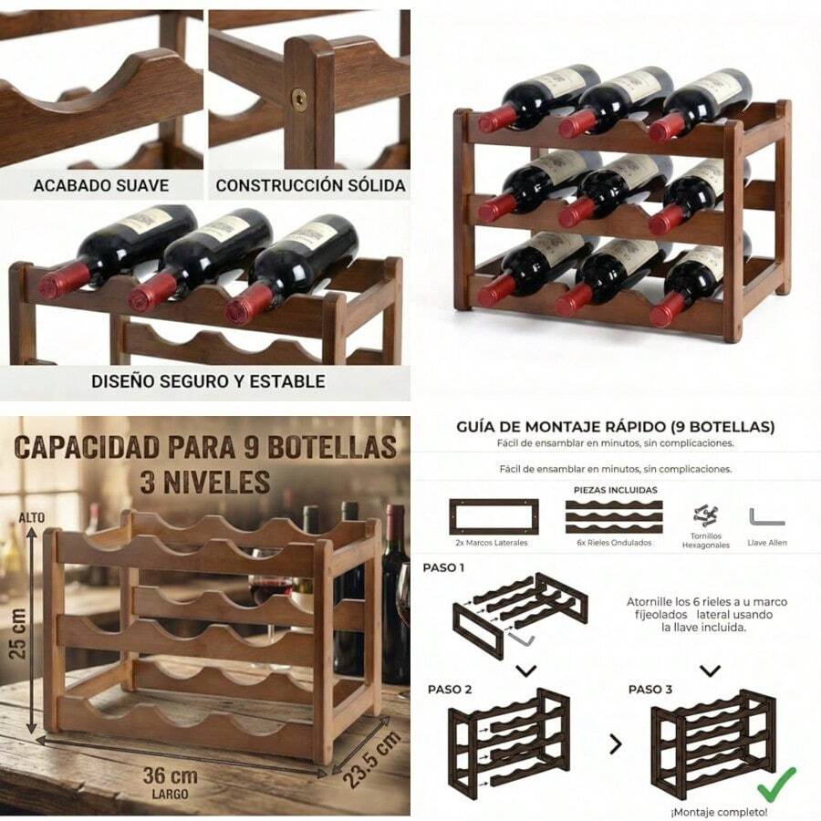 Cava de Vino y Porta Botellas de Madera para 9 Botellas Estante de 3 Niveles Compacto para Encimera de Cocina Bar y Cava de Vino Botellero de Bambú Natural con Diseño Inclinado para Conservación - Amarillomarrn - Ver 1