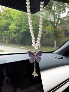 Faux Pearl Butterfly Car Pendant, Creative Car Hanging Decor, Rearview Mirror Accessory, Car Interior Decoration - Butterfly Style - View 11