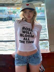 美国女孩圆领长袖T恤，新款春秋季字母印花，女士短款修身休闲白色 - 白色 - 查看 2