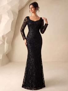 女士亮片网纱刺绣修身纯色优雅奢华晚宴派对婚纱黑色 - 黑色 - 查看 3