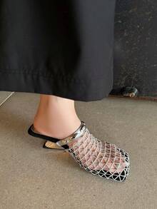 Estética Trançada - Sapatos de Rede Vintage Vazados, Sandálias Planas com Tira Fina, Bico Fino e Salto Grosso para Mulheres - Prata - Visão 5