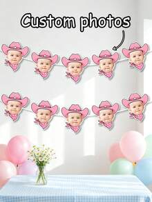 7/14/21pc Custom Personalized Cowboy Face Paper Banner Flags, Pink Cowgirl Brown Cowboy Banner Hanging Decor, Western Themed Birthday Party Supplies, My First Birthday Party Favors, Cowboy 1st Birthday, My First Rodeo, Party Decorations - Multicolor - View 3