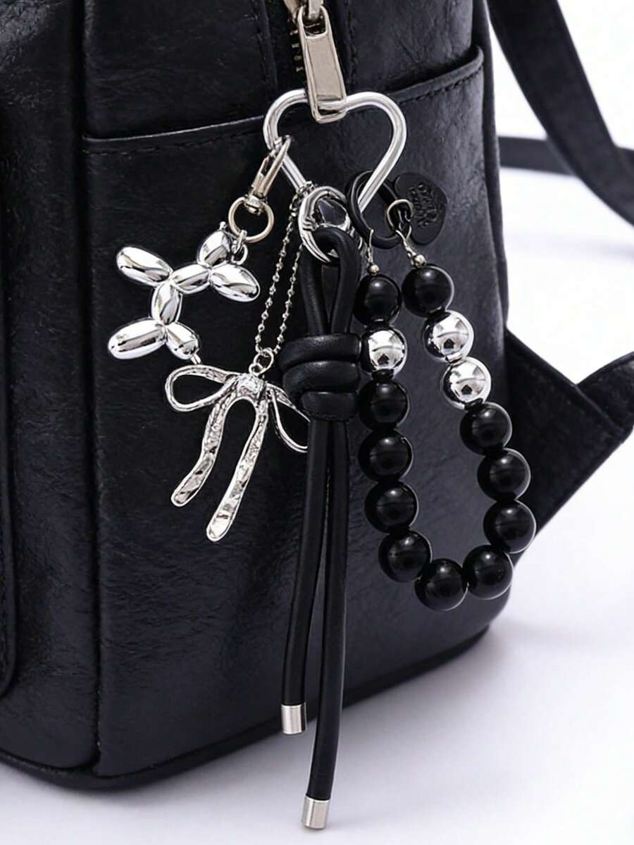 Pink Balloon Dog Pearl Bow Bag Charm Coquette Cute Keychain For Handbag Backpack Gift - Multicolor - View 1