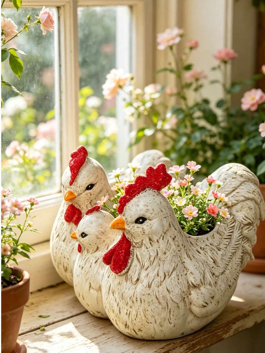 1个三只小鸡家庭花盆，树脂材质，鸡形花盆，适合户外花园，可爱动物造型，可种植多肉植物、盆栽植物、香草，装饰花园、庭院、农舍、家居，是送给植物爱好者的独特园艺礼物。