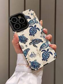 1pc Minimalist Personalized Ocean Style Sea Turtle Pattern Vertical Striped Faux Leather Soft Protective Phone Case, Suitable As Gift For Friends And Lovers, Fit Compatible With Apple And Phones 17/17AIR/17PRO/17PROMAX - Multicolor - View 3