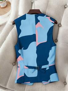 HOMEYEE Áo vest nữ cổ chữ V không tay in họa tiết phong cách retro, thích hợp cho kỳ nghỉ, công sở và đi làm. - Màu xanh lam - Xem 2
